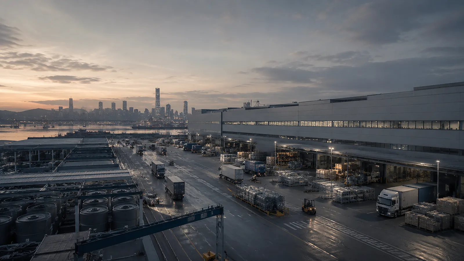 Modern logistics facility connecting factories, trucks and an Asian city